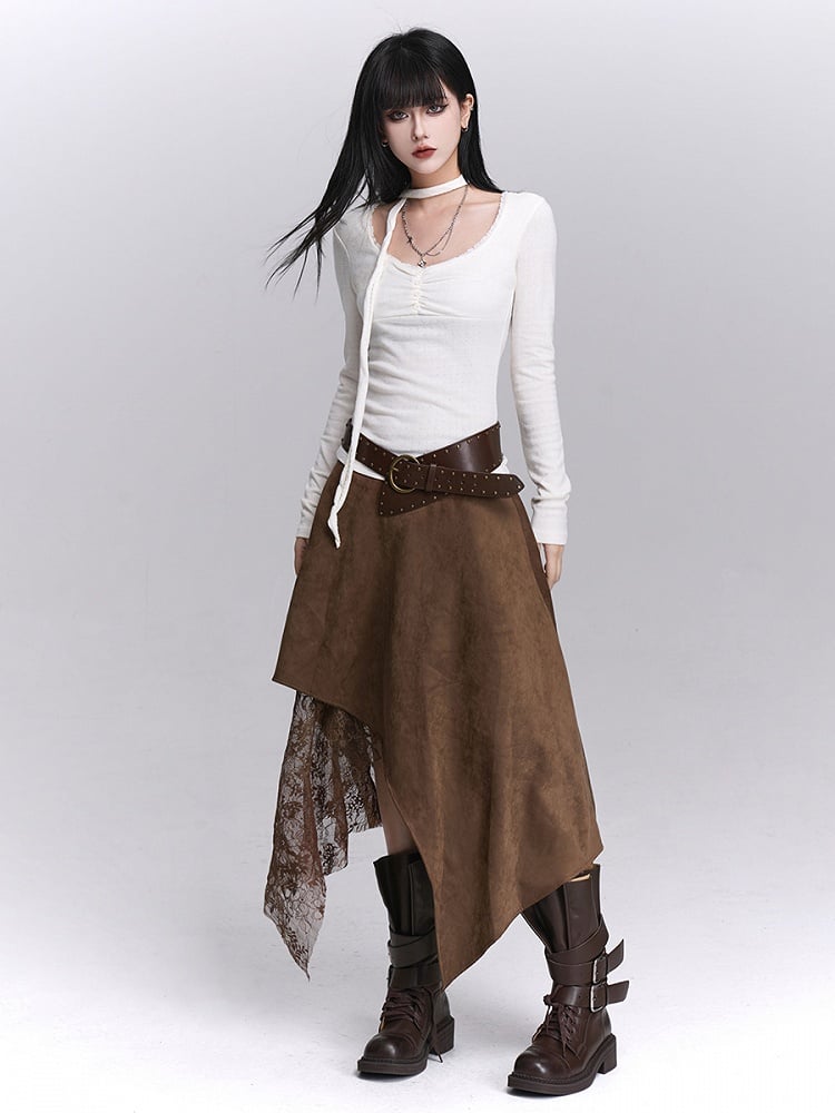 with Fashion Lace Handkerchief Hem Coffee Skirt Details Wasteland Patchwork Millard Suede