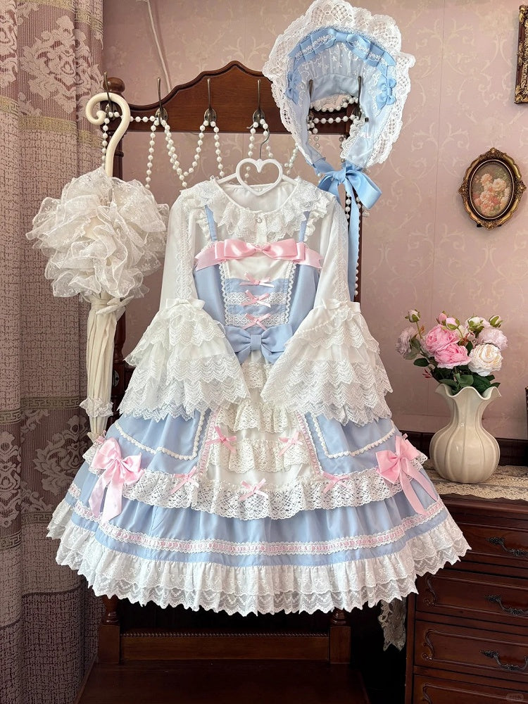 Lace Tiered Trim Sweet Lolita Dress Pink Bowknots Blue JSK