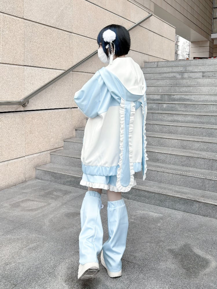 Tenshi Kaiwai Blaue Jirai Kei-Shorts mit Rüschenbesatz und Knotenknöpfen