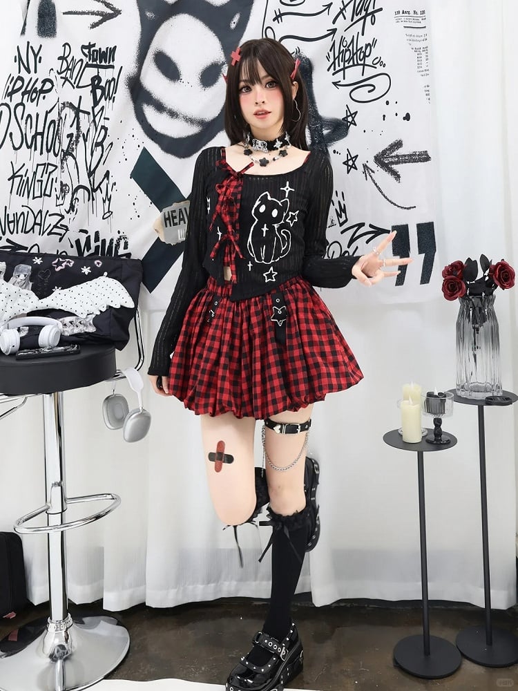 Plaid Bubble Skirt Y2K Gray / Red Star Buckles Black Black