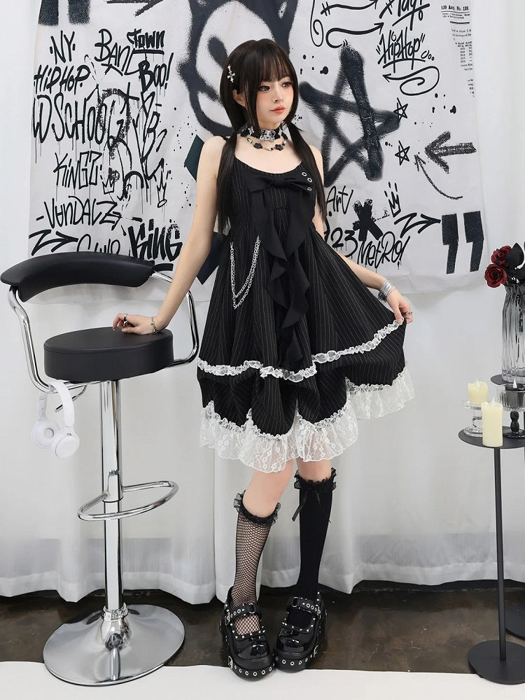 Skirt Cami Dress Big Bow Neckline Black with Striped Waist Detachable Chain Bubble