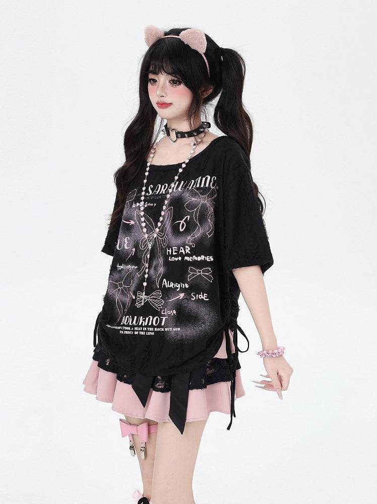 Black/White Drawstring Side Bowknots Print T-Shirt with Free Scarf
