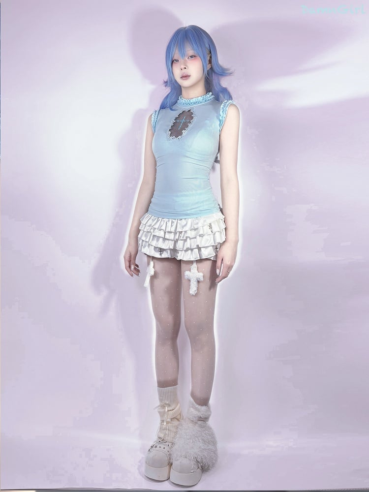 Goth Sleeveless Top Light Blue Mock Neck Coffin-Shaped Cutout Pastel