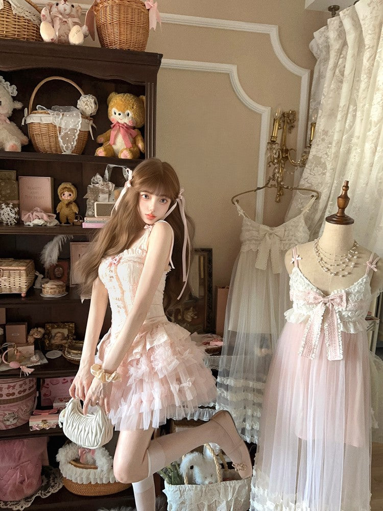 Ruffled Detachable Bow Lace Bustier Corset With Floral Embroidery Pink