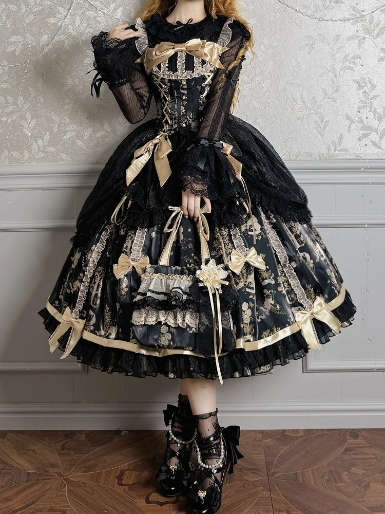 Waist Overlay Lolita and Drawstring Jumper Skirt Corset Black Gold