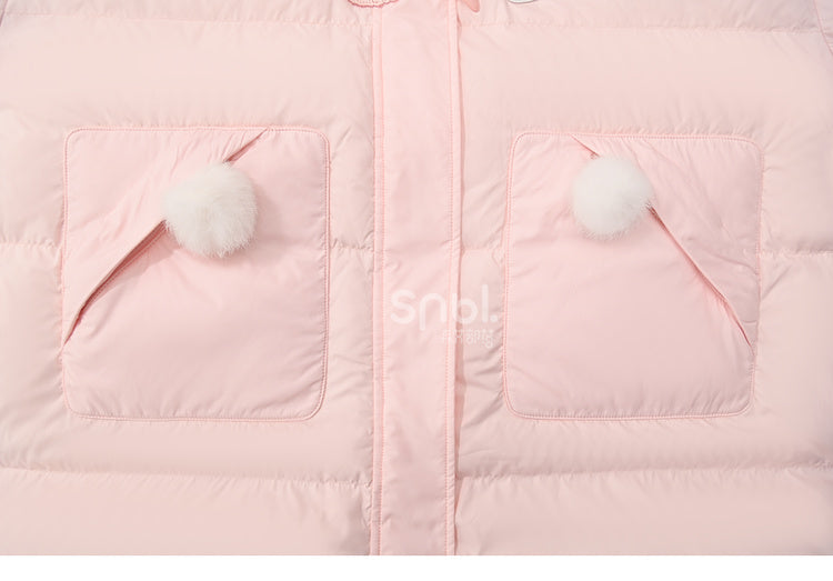 Pink Cute Bear and Kitty Plush Trim Hooded Down Coat