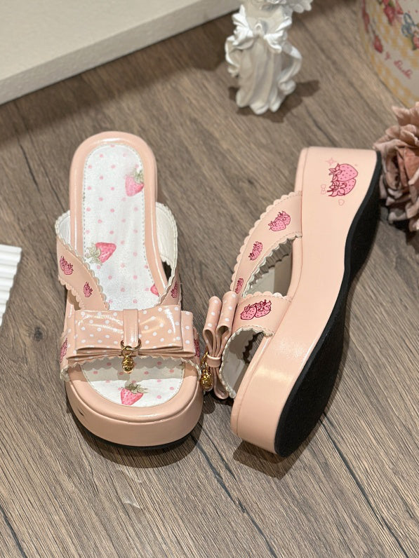 Lolita Top Print Wa Platform Pink Slippers Strawberry at Bow
