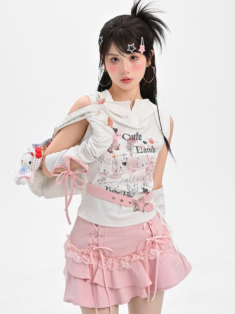 Tiered Skirt with Lace-up Details Pink Y2K Asymmetrical Kawaii Yume