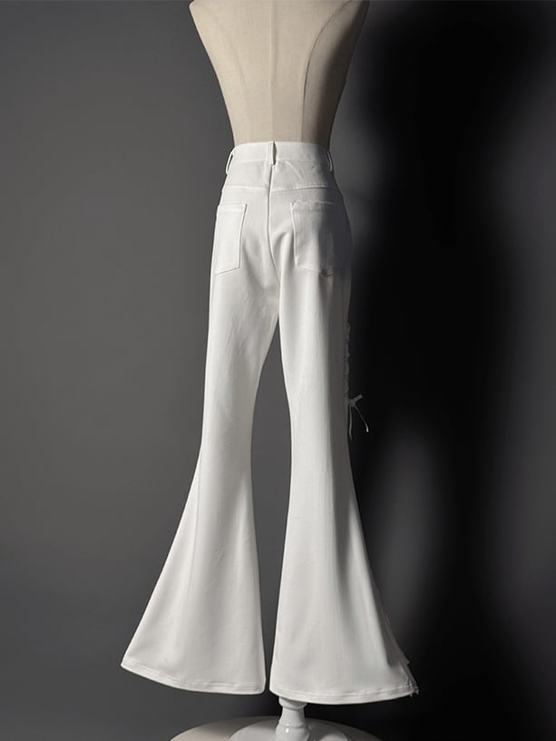 Lace Patches Flared Cuffs Pants White Tiered