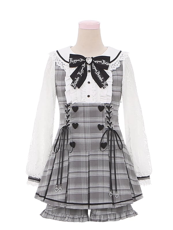 Jirai Kei Graues Set, Peter-Pan-Kragen, hoher Taille, Kellerfaltenrock, kariertes Kleid + Shorts mit Rüschenbesatz und Bündchen