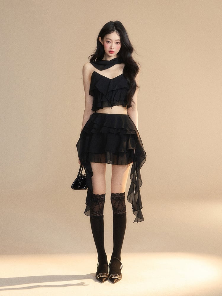 Tiered Skirt Asymmetrical Ruffled Hem Slim-fitting Mini Black Chiffon