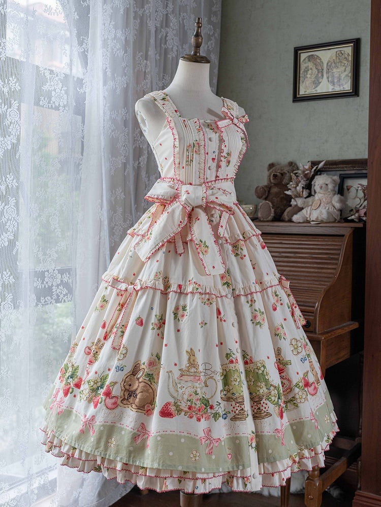 Bunny Lolita Green Dress Print Hemline Fashion House Pink Floral and
