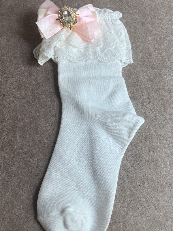 White Calf Ruffled Jirai Cuff Kei Bowknot Pink/Blue/Purple/White/Black/Beige Socks With Details