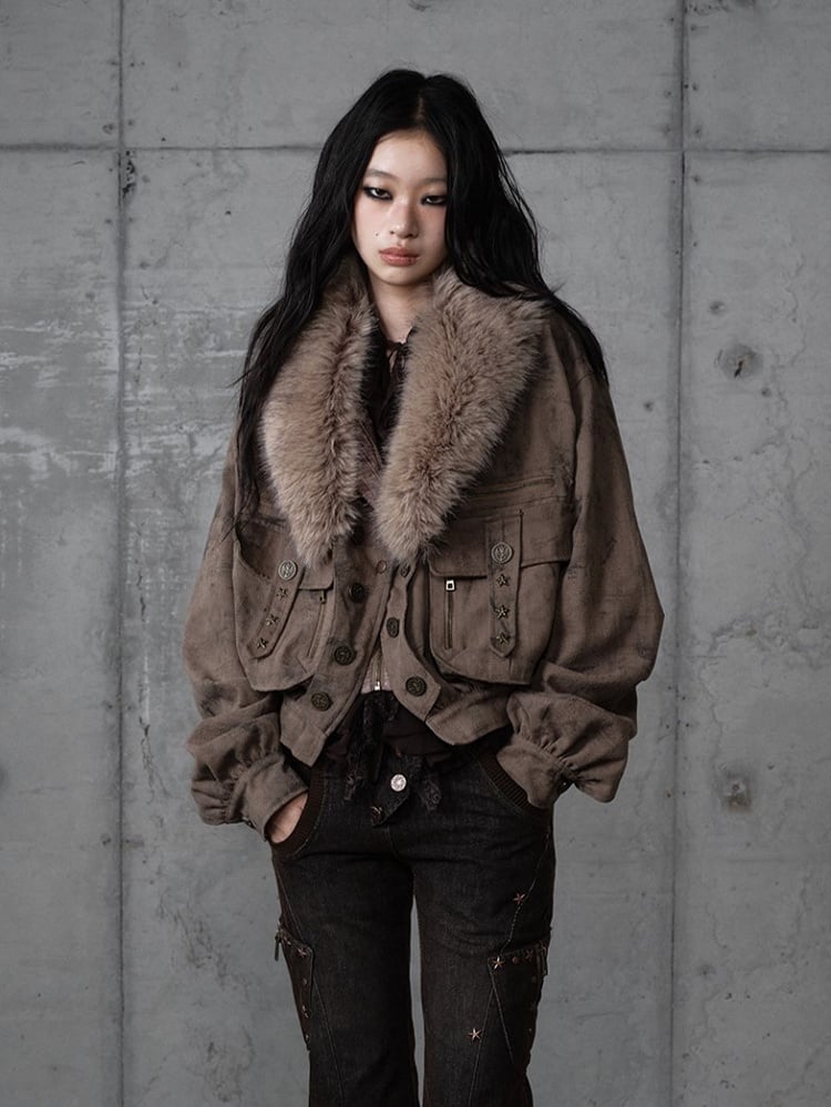 Coffee Pockets Detachable Studded Punk 3D Suede Collar Jacket Fur with Zipped Faux
