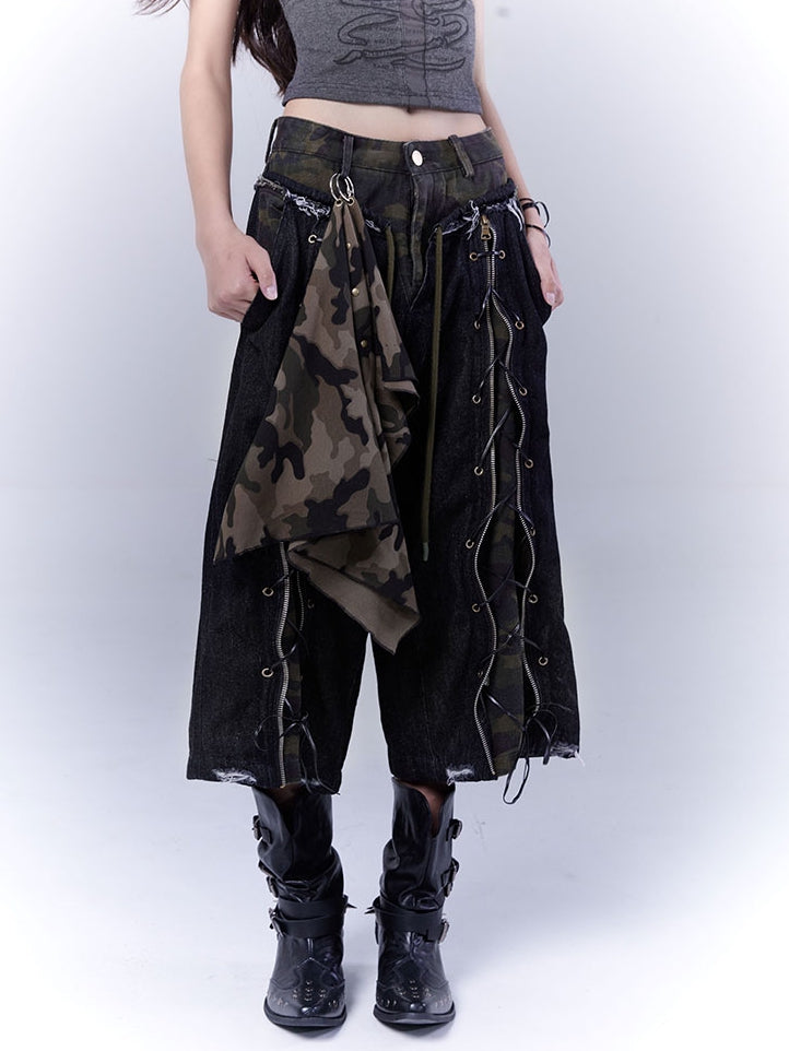 Distressed Rock Straight-leg Jeans Punk Camouflage Lace-up Front