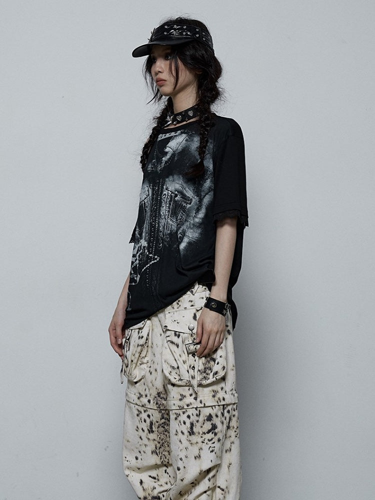 Lace-Trimmed Print White Shoulder Detail Lace-Up with Denim Punk Black T-shirt
