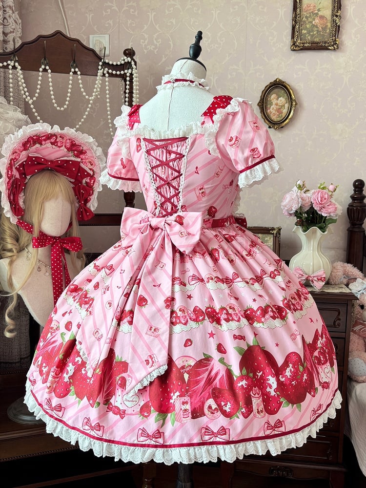 Set Strawberry Dress Sweet Lolita Short Sleeves Full Print Pink