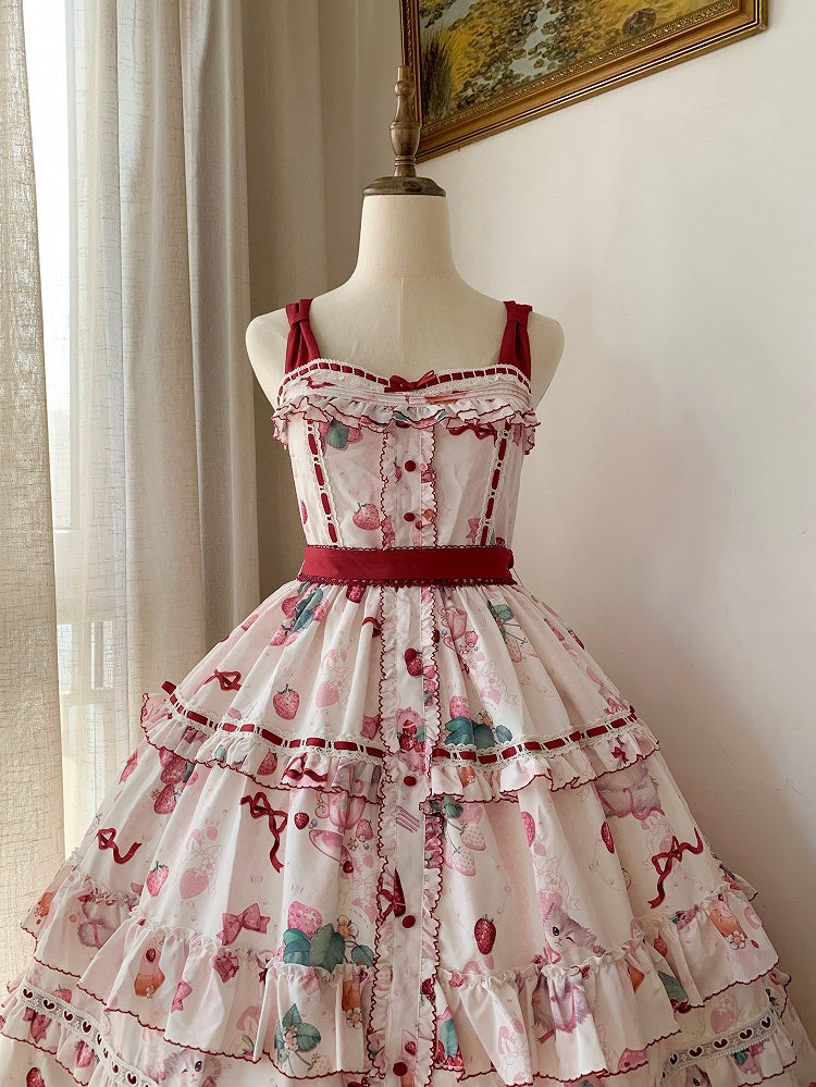 Kitty and Strawberry Print Spring and Summer Cottagecore Lolita Dress