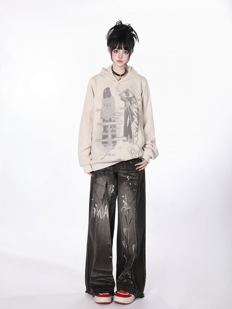Black Closure Lines Visible Zipper Tie-Dye Graffiti Wide-Leg Jeans with Flowing