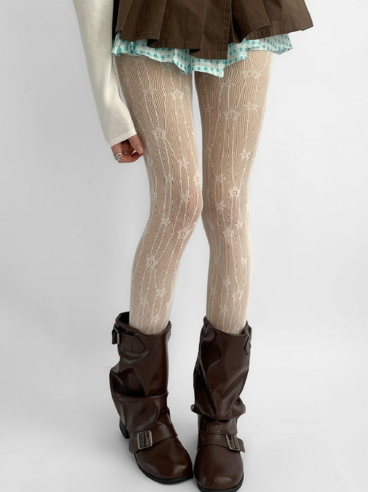 Beige Design Floral Details Hollow-out Tights