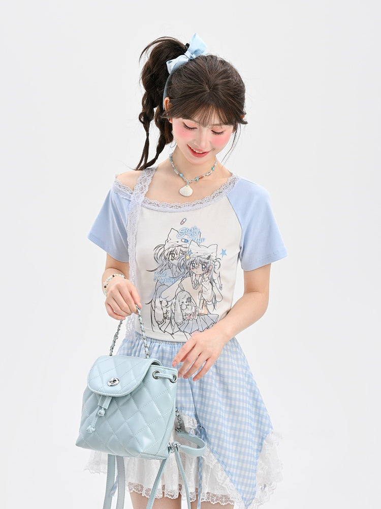 Light Blue Design Anime Girl Print T-Shirt Colorblock Short/Long Version