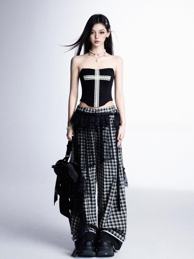 Black White Plaid Low Waist Straight-Leg Pants