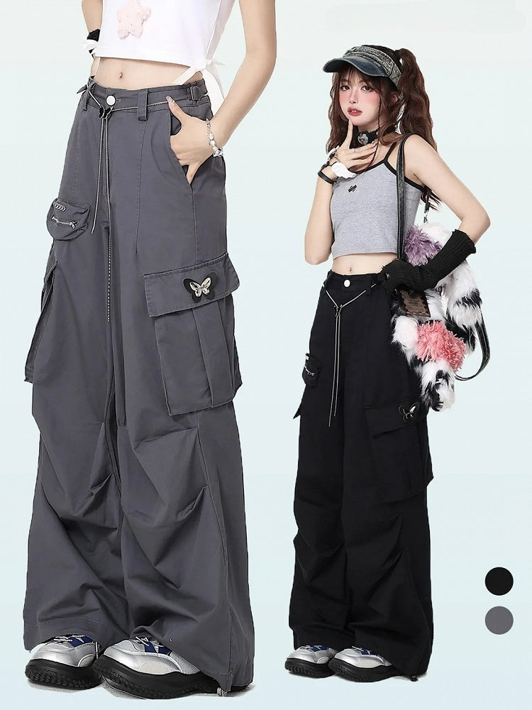 Chain Butterfly Gray Techwear Wide-leg with Cargo Pants Waist