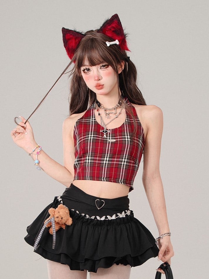 Red Plaid Halter Neck Crop Tank Top - Adorable Slimming