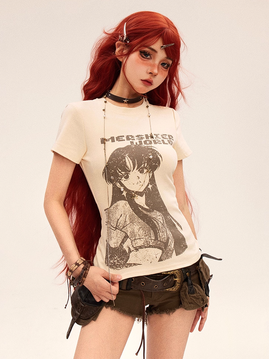 ヴィンテージアニメガールプリントアプリコットラウンドネックスリムフィットTシャツ