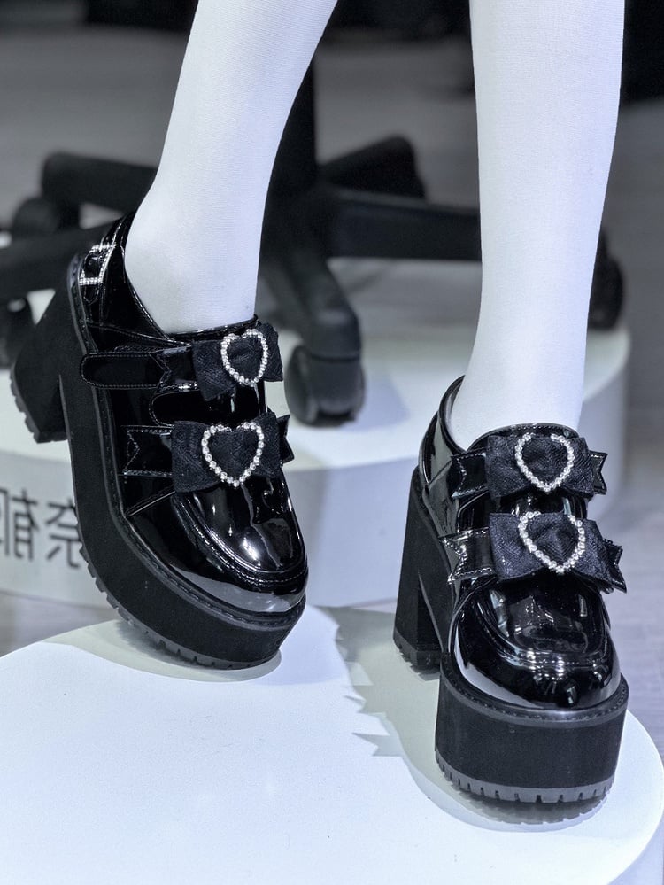 Polished Black Jirai Kei Rhinestone Heart Bowknots Velcro Strap Closures Landmine Style Platform Shoes