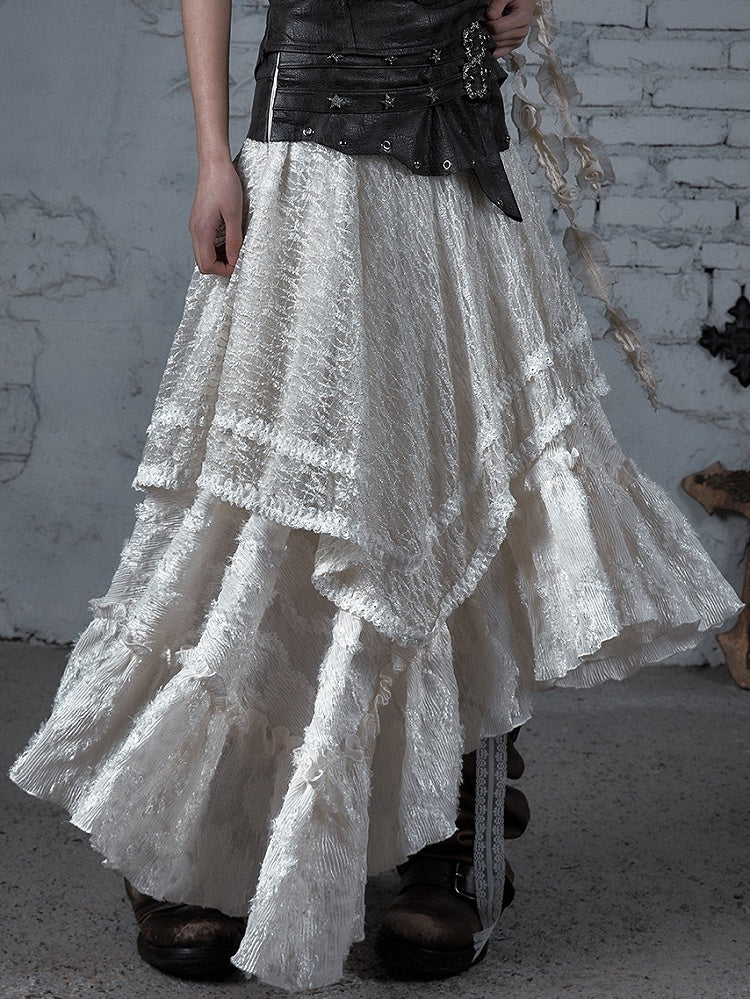 Star Wasteland White Punk Waistline Skirt Flounce PU Asymmetrical Studs Hem