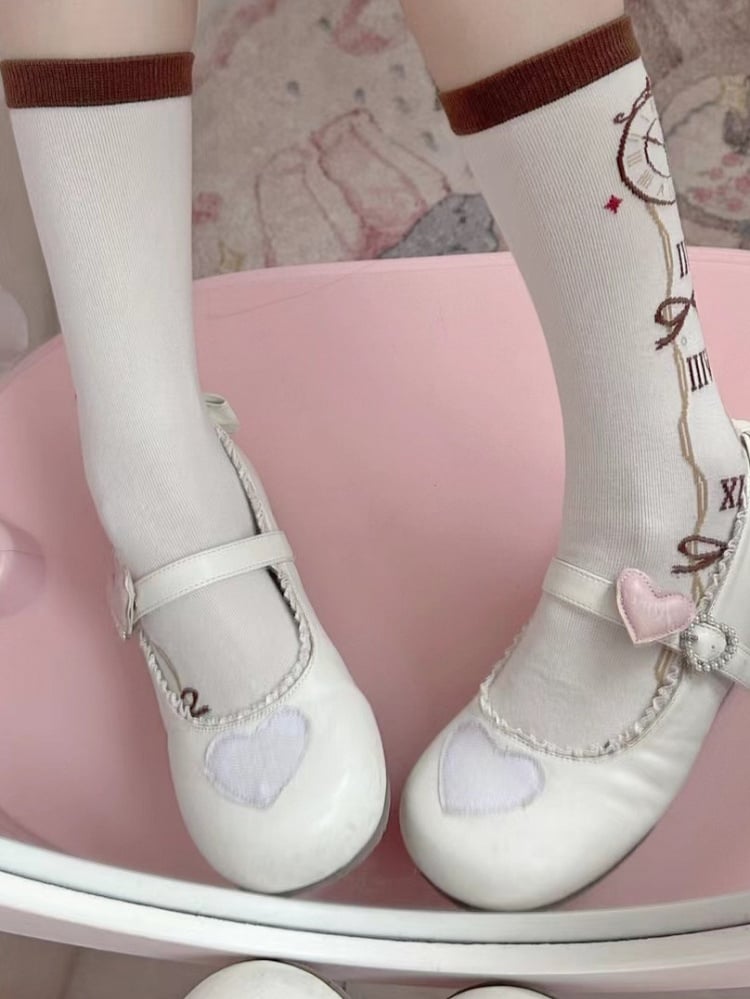 Wonderland Clock Socks Vibes Alice Lolita Calf In Print Brown