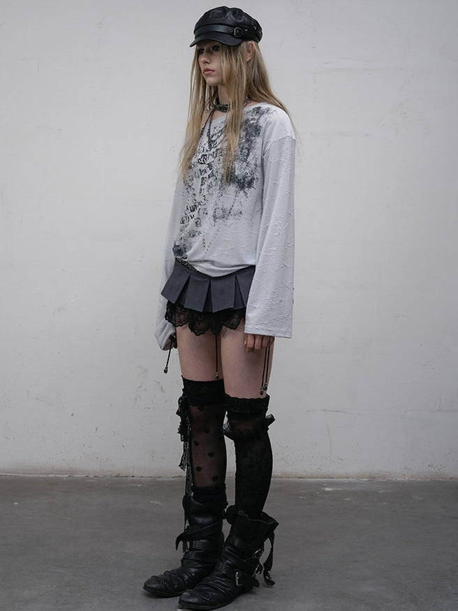 Wasteland Punk Letter Long Top Asymmetrical Blue/Beige Sleeves Neckline Print