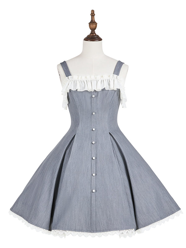 Fit Fashion Waist Lolita Gray Dress Elegant Slim
