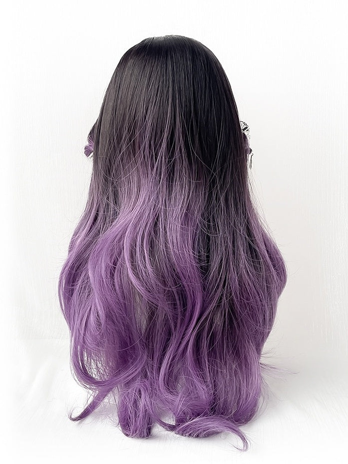 Black-purple Ombre Long Wavy Synthetic Wig With Curtain Bangs