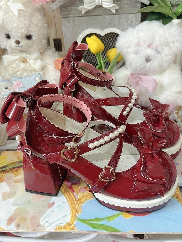 Heart Sweet Red PU Lolita Buckles Strap Bow Bead-Embellished Janes Leather with Mary Accents in Wine
