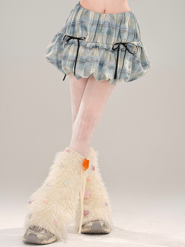 Blue Details Skirt Plaid Bubble Bowknot