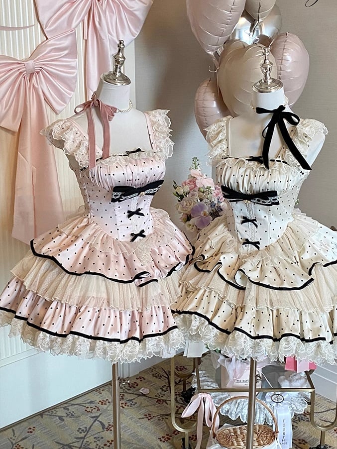 Polka Rock Stufen Schwarz Rosa Taille Baskenkleid Süße Punkte