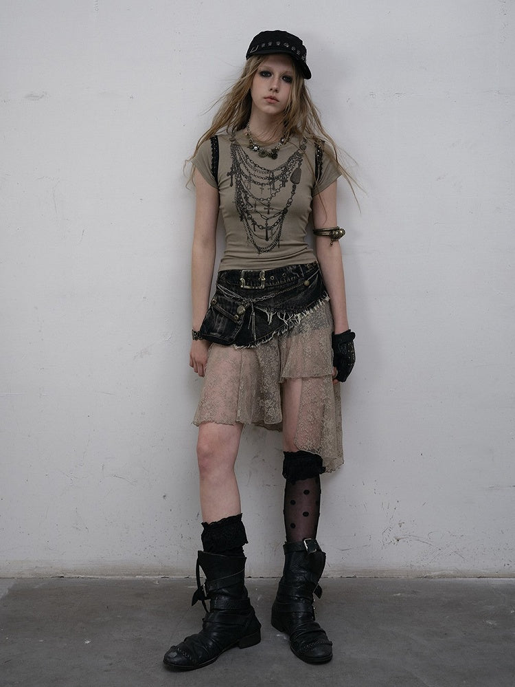 T-shirt Greyish with Cross Print Black Accents Punk Necklace Reversible Green Lace