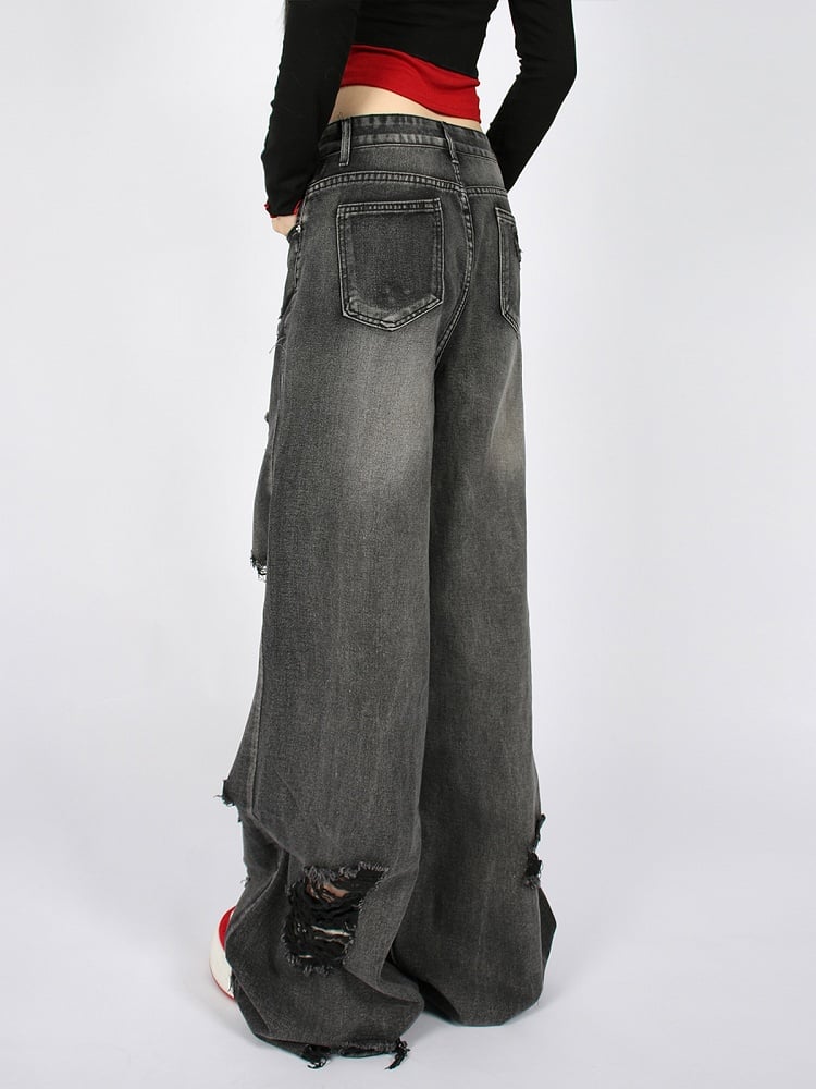 Waist Distressed Wide-Leg Jeans with Faded Wash Black Low