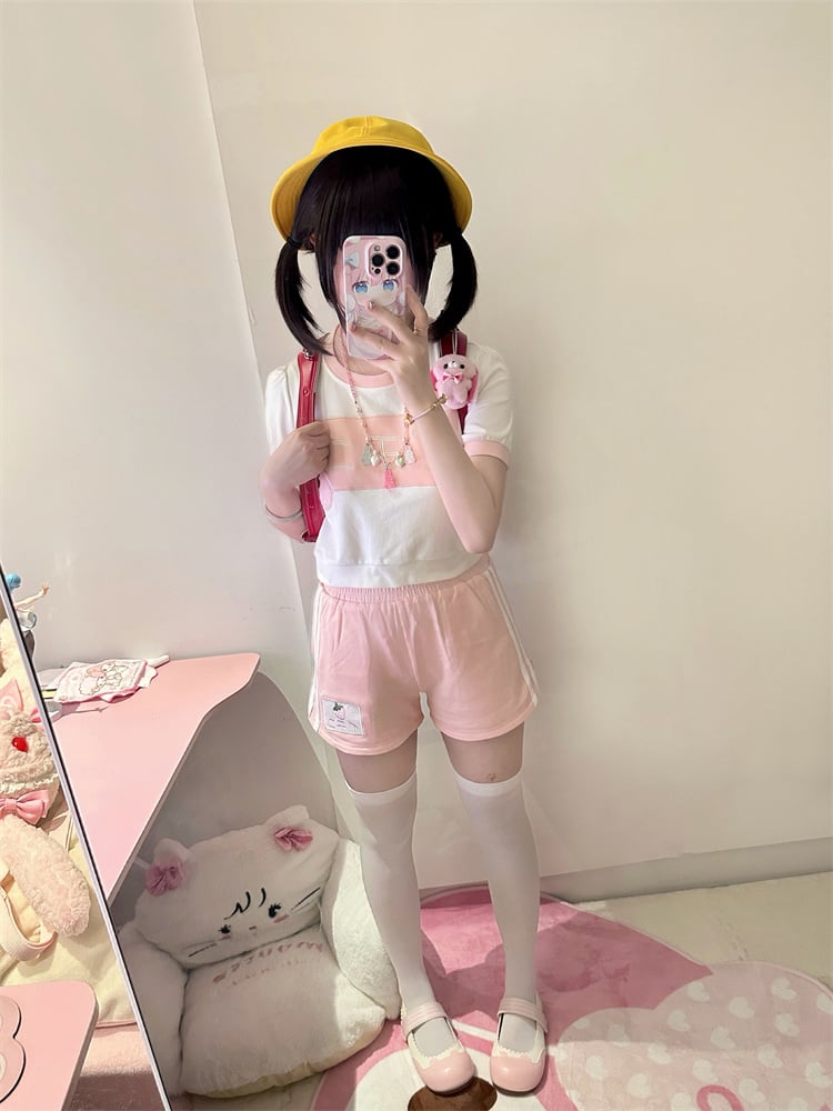 White Contrast Pink Trim Round Neck Strawberry Cropped Top