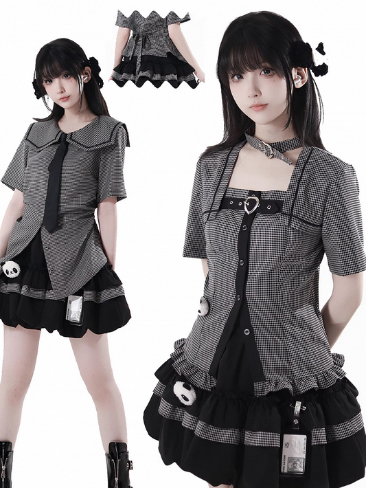 Choker Design Ruffled Hem Plaid Blouse Black Criss-cross All-in-one and