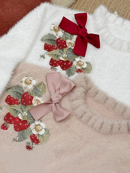 on Embroidery Autumn Top Neckline White Cuffs Knit Bowknot Strawberry