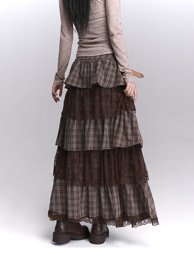 Side Lace Skirt Layers with Zipper Tiered Maxi Coffee Plaid