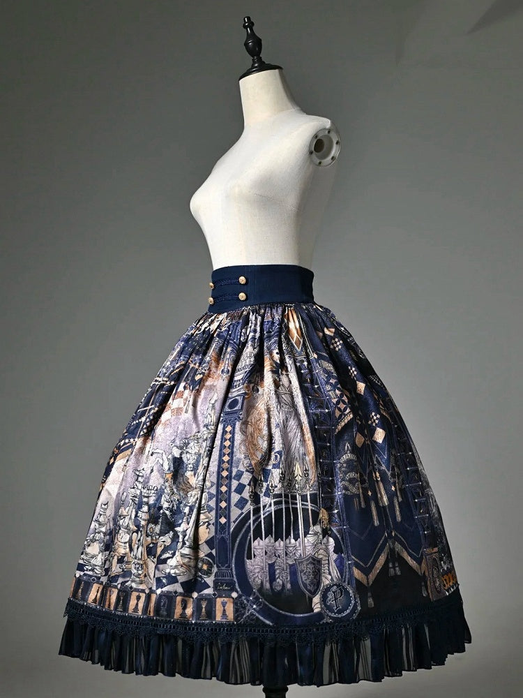 Chess Theme Blue Belt Waist Skirt Corset Print Dark Lolita