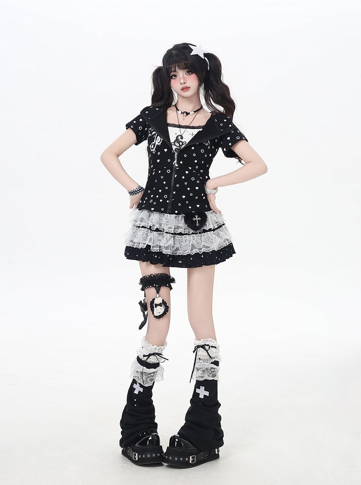 White/Black Y2K Star and Heart Print Zip-up Off Kitty Ears Hood Allover Jacket