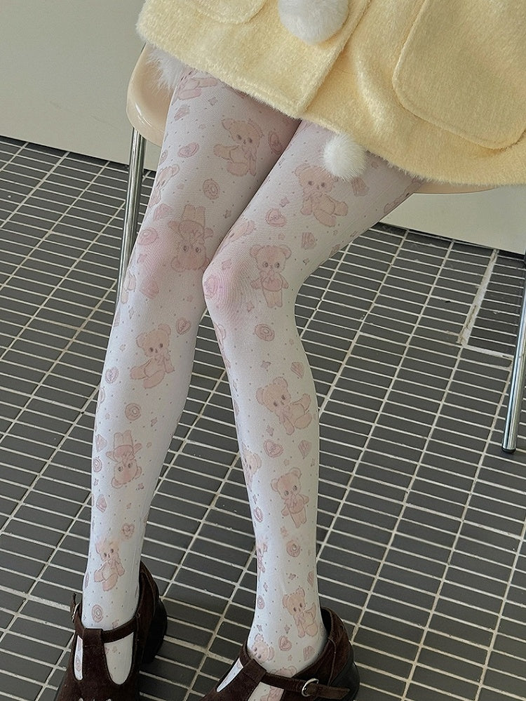 White Sweet Bear Heart Tights