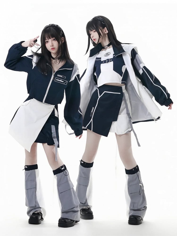 with Loading Bar Embroidery Partial Front Zipper Blue White Colorblock Techwear Dress