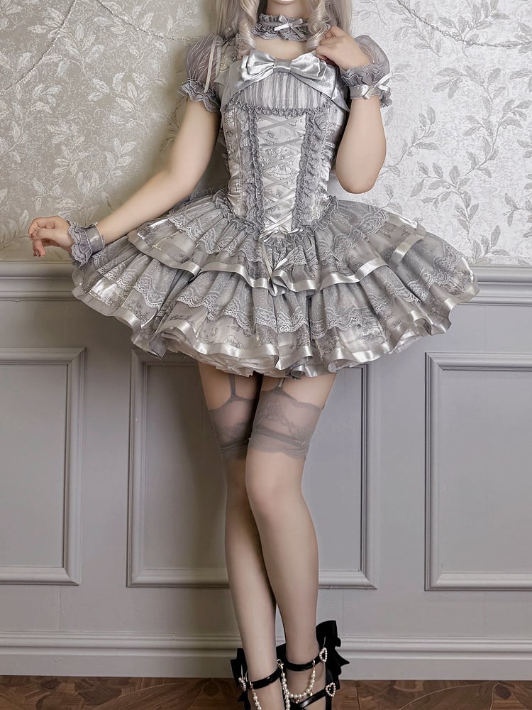 Silberne Ärmel Korsett Kitty Lolita Bunny Puff Grau und kurzes Kleid Print