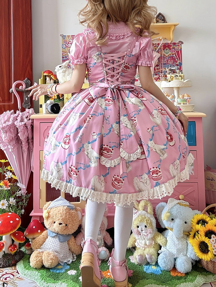 Kitty Cake Fashion Dress Sweet and Showa Pink Lolita Print Cherry